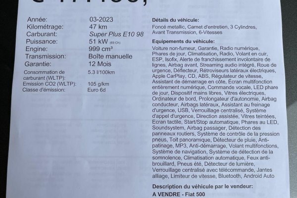 FIAT 500 DOLCEVITA HYBRID ESSENCE-ELECTRIQUE TOP